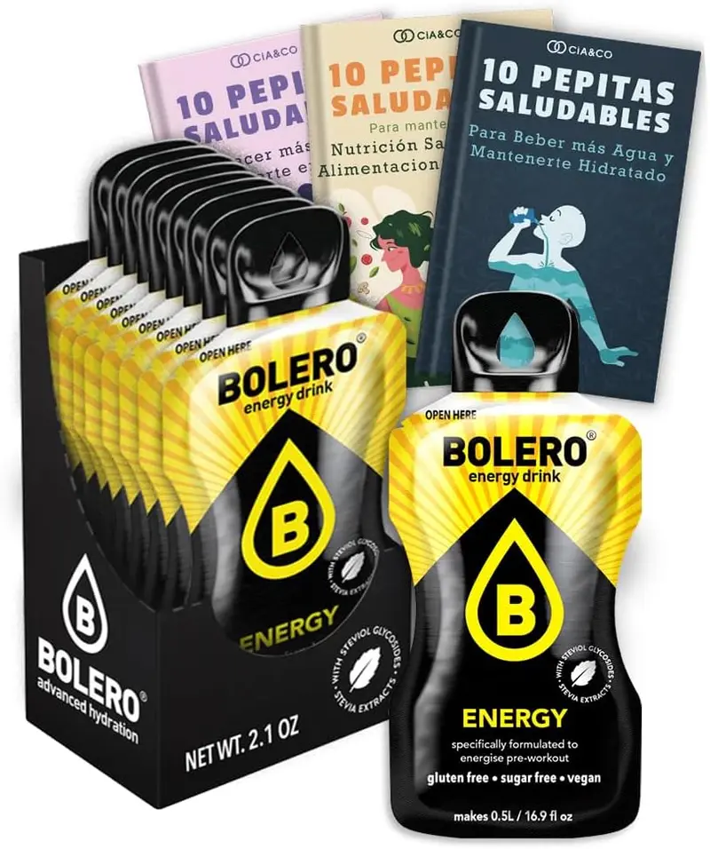 Bebida Bolero ENERGY Sin Azúcar, Pack 24 sobres (24x7g). Bebida energética con cafeína, taurina y vitaminas para una hidratación funcional y revitalizante.