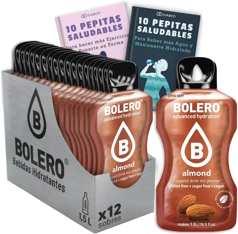 Bebida Bolero sabor Almendra, Pack 12 sobres (12x9 grs). Bebida en polvo para una hidratación saludable y con un sabor sofisticado, sin azúcar y con Vitamina C.