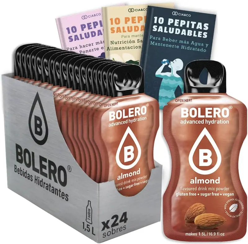 Bebida Bolero sabor Almendra, Pack 24 sobres (24x9g). Bebida en polvo sin azúcar con un sabor único y cremoso, enriquecida con Vitamina C y Stevia.