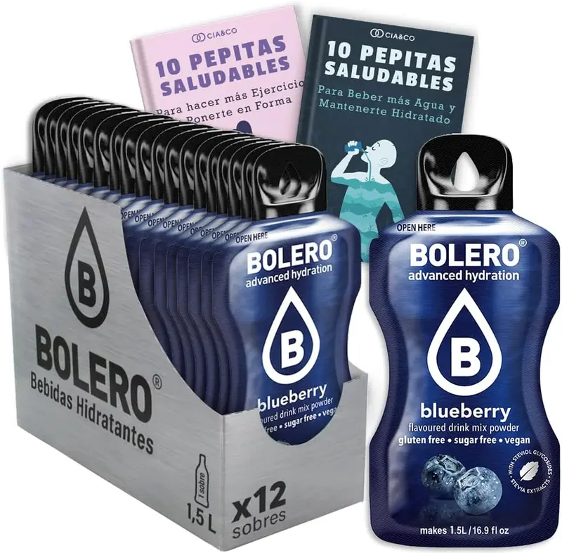 Bebida Bolero sabor Arándano Azul, Pack 12 sobres (12x9 grs). Hidratación sin azúcar con el sabor dulce y silvestre del arándano, con Stevia y Vitamina C.