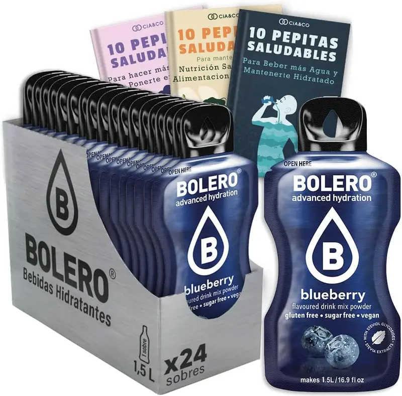 Bebida Bolero sabor Arándano Azul, Pack 24 sobres (24x9g). Bebida en polvo sin azúcar con el sabor dulce y silvestre de los arándanos, con Vitamina C y Stevia.