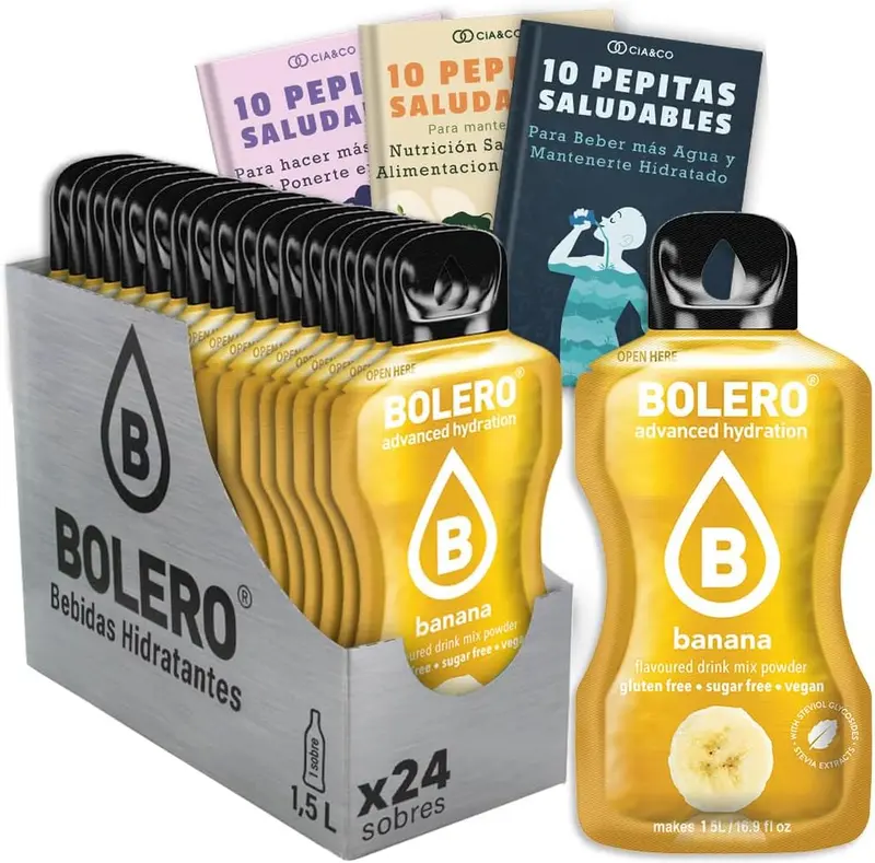 Bebida Bolero sabor Banana, Pack 24 sobres (24x9g). Bebida en polvo sin azúcar con el sabor dulce y cremoso del plátano, enriquecida con Vitamina C y Stevia.