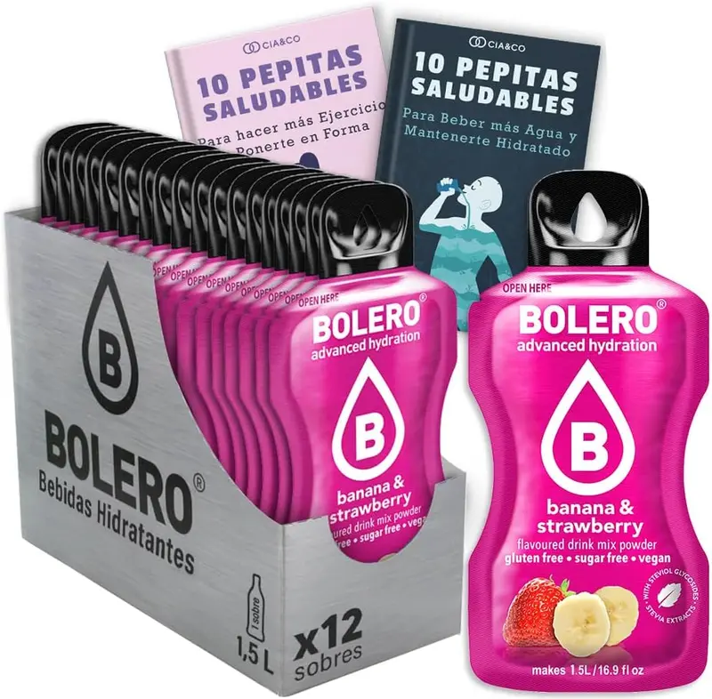 Bebida Bolero sabor Banana y Fresa, Pack 12 sobres (12x9g). Hidratación sin azúcar con el clásico sabor a batido de frutas, con Stevia y Vitamina C.