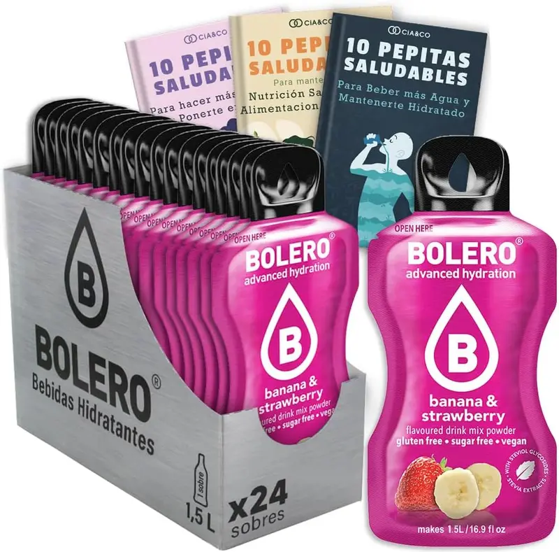 Bebida Bolero sabor Banana y Fresa, Pack 24 sobres (24x9g). Bebida en polvo sin azúcar con la mezcla clásica de frutas, enriquecida con Vitamina C y Stevia.