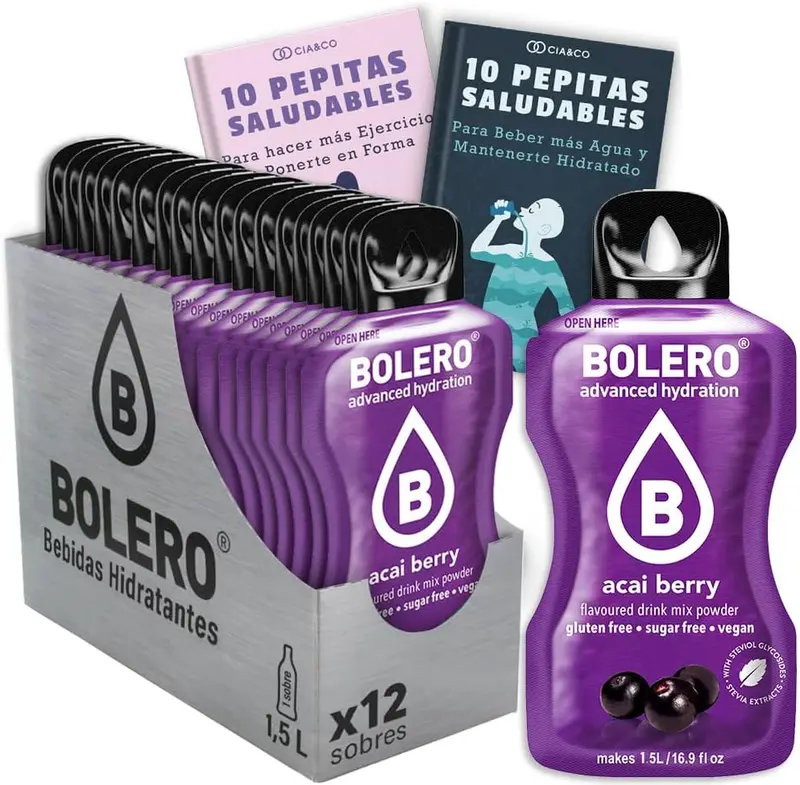 Bebida Bolero sabor Bayas de Acai, Pack 12 sobres (12x9 grs). Hidratación sin azúcar con el sabor exótico del acai, con Stevia y Vitamina C.