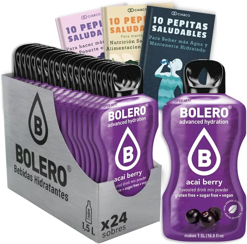 Bebida Bolero sabor Bayas de Acai, Pack 24 sobres (24x9g). Bebida en polvo sin azúcar con el exótico sabor del superalimento acai, con Vitamina C y Stevia.