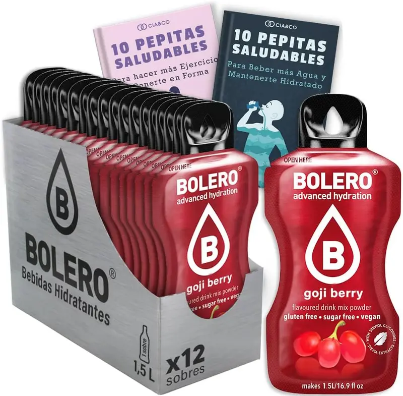 Bebida Bolero sabor Bayas de Goji, Pack 12 sobres (12x9 grs). Hidratación sin azúcar con el sabor exótico del goji, con Stevia y Vitamina C.