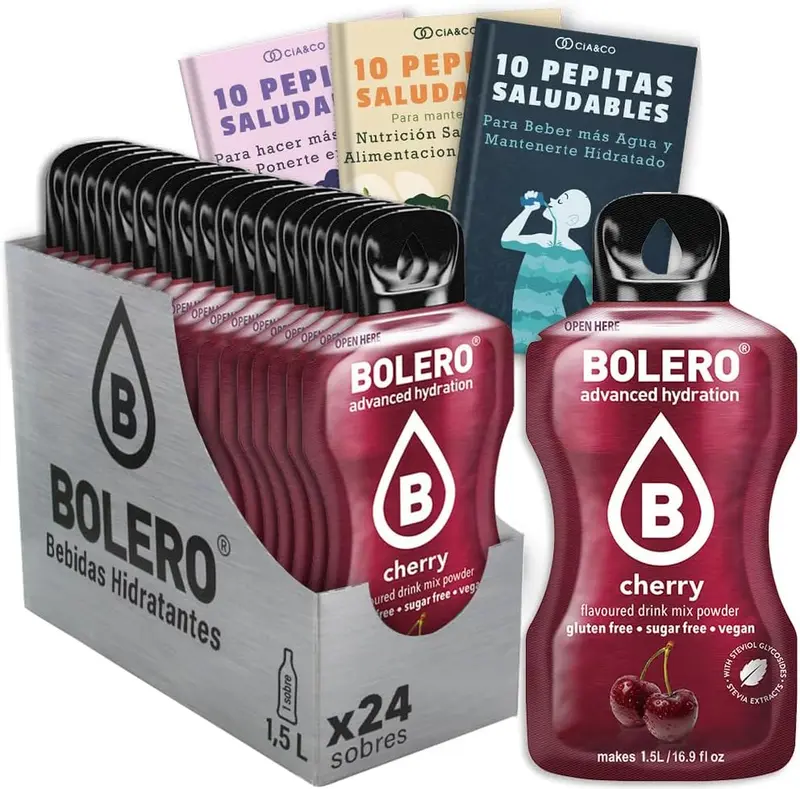 Bebida Bolero sabor Cereza, Pack 24 sobres (24x9g). Bebida en polvo sin azúcar con el sabor dulce y profundo de la cereza, enriquecida con Vitamina C y Stevia.