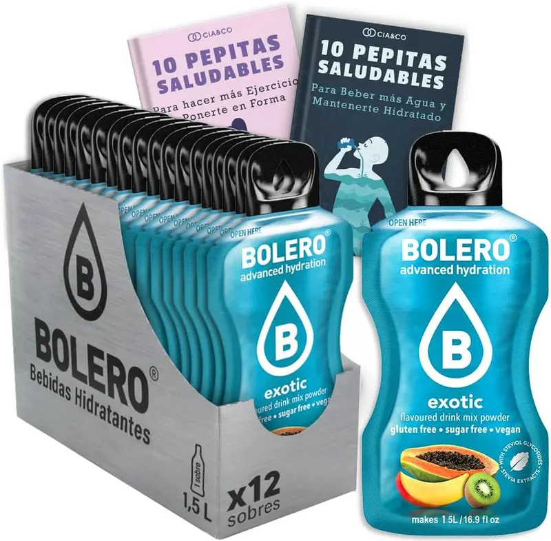 Bebida Bolero sabor Exótico, Pack 12 sobres (12x9 grs). Bebida en polvo para una hidratación saludable con una mezcla de frutas tropicales, sin azúcar y con Vitamina C.