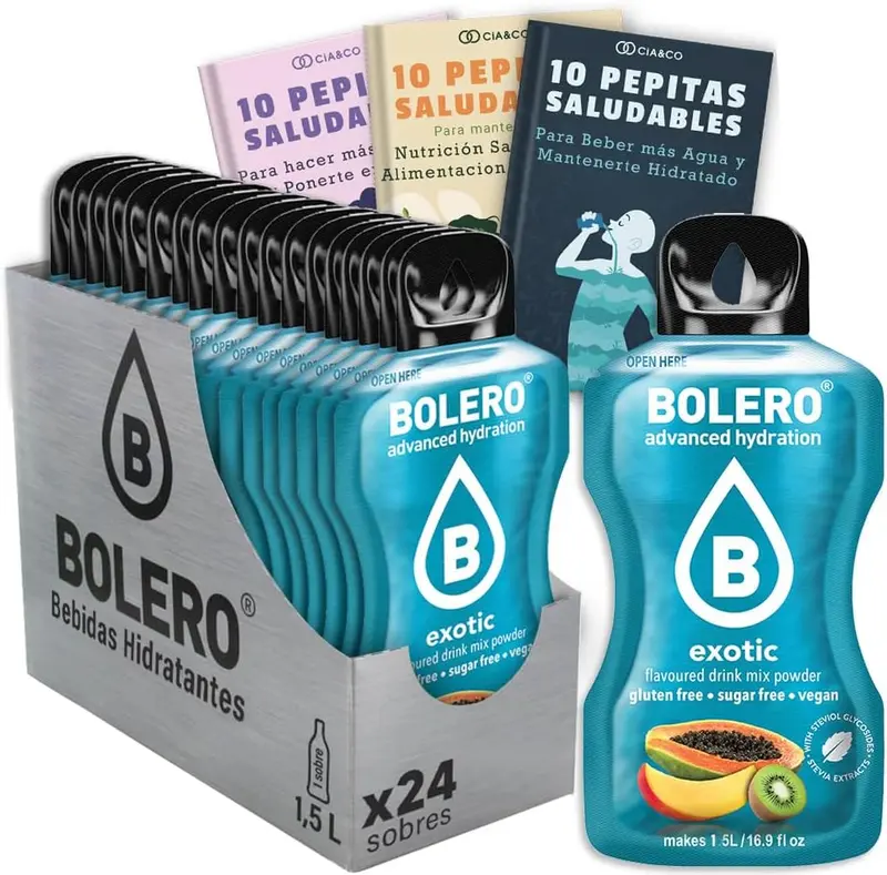 Bebida Bolero sabor Exótico, Pack 24 sobres (24x9g). Bebida en polvo sin azúcar con una deliciosa mezcla de frutas tropicales, enriquecida con Vitamina C y Stevia.
