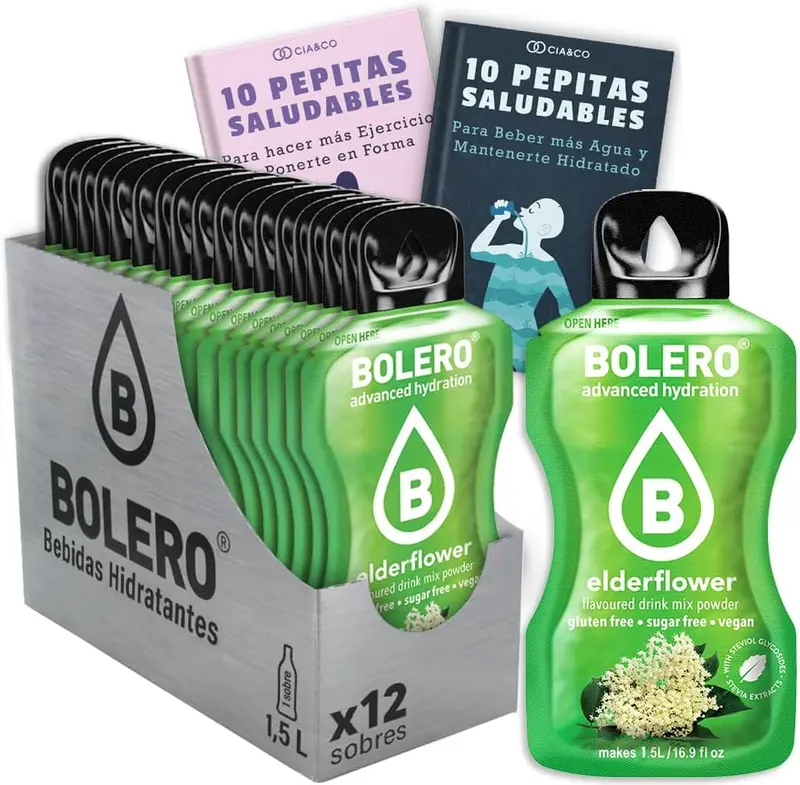 Bebida Bolero sabor Flor de Saúco, Pack 12 sobres (12x9 grs). Hidratación sin azúcar con un sabor floral y delicado, con Stevia y Vitamina C.