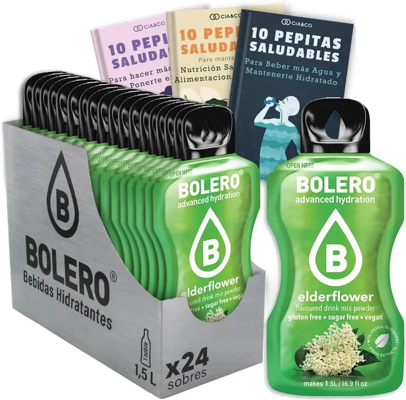 Bebida Bolero sabor Flor de Saúco, Pack 24 sobres (24x9g). Bebida en polvo sin azúcar con el sabor floral y delicado del saúco, rica en Vitamina C y Stevia.