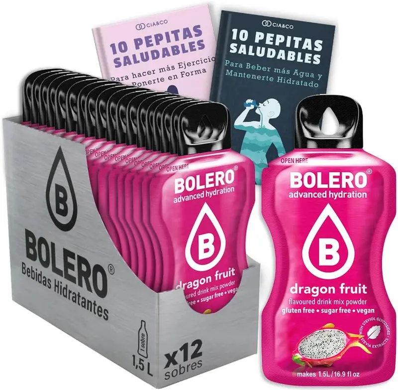 Bebida Bolero sabor Fruta del Dragón, Pack 12 sobres (12x9 grs). Hidratación sin azúcar con el sabor exótico de la pitahaya, con Stevia y Vitamina C.