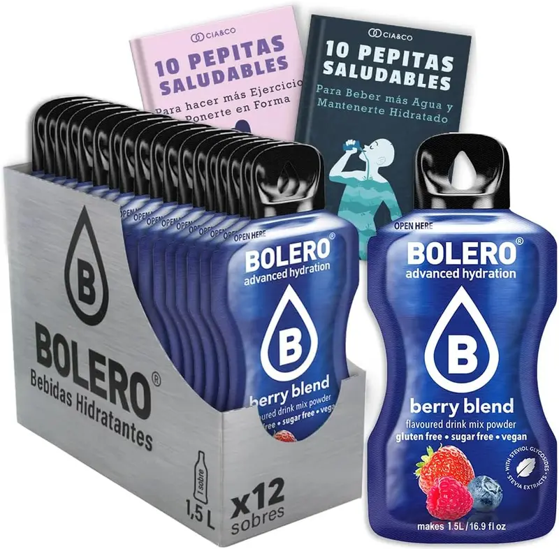 Bebida Bolero sabor Frutos Rojos, Pack 12 sobres (12x9 grs). Bebida en polvo para una hidratación saludable con sabor a bayas del bosque, sin azúcar y con Vitamina C.