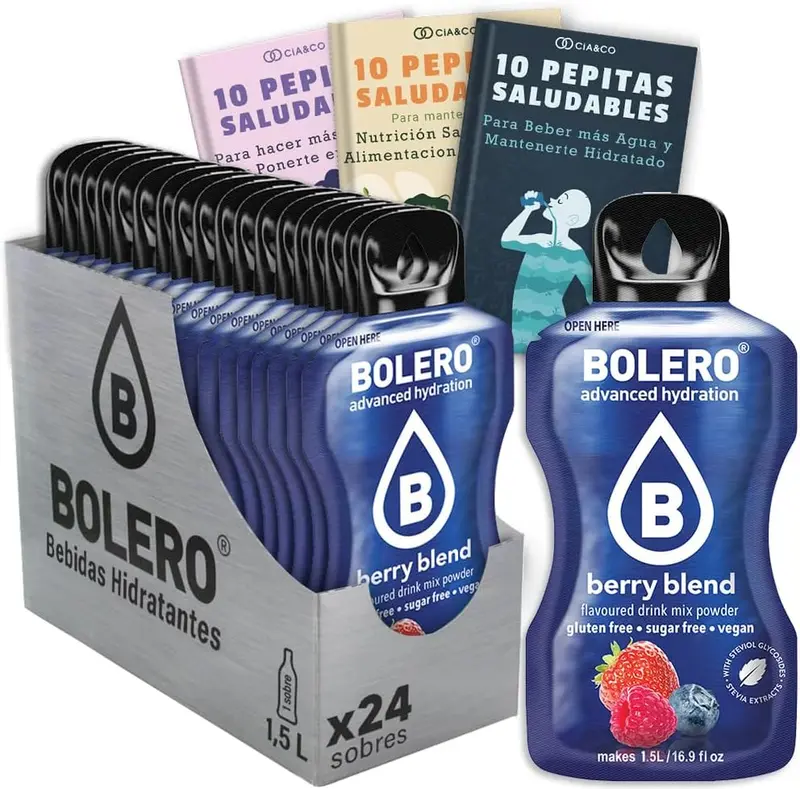 Bebida Bolero sabor Frutos Rojos, Pack 24 sobres (24x9g). Bebida en polvo sin azúcar con una mezcla de bayas, enriquecida con Vitamina C y Stevia.