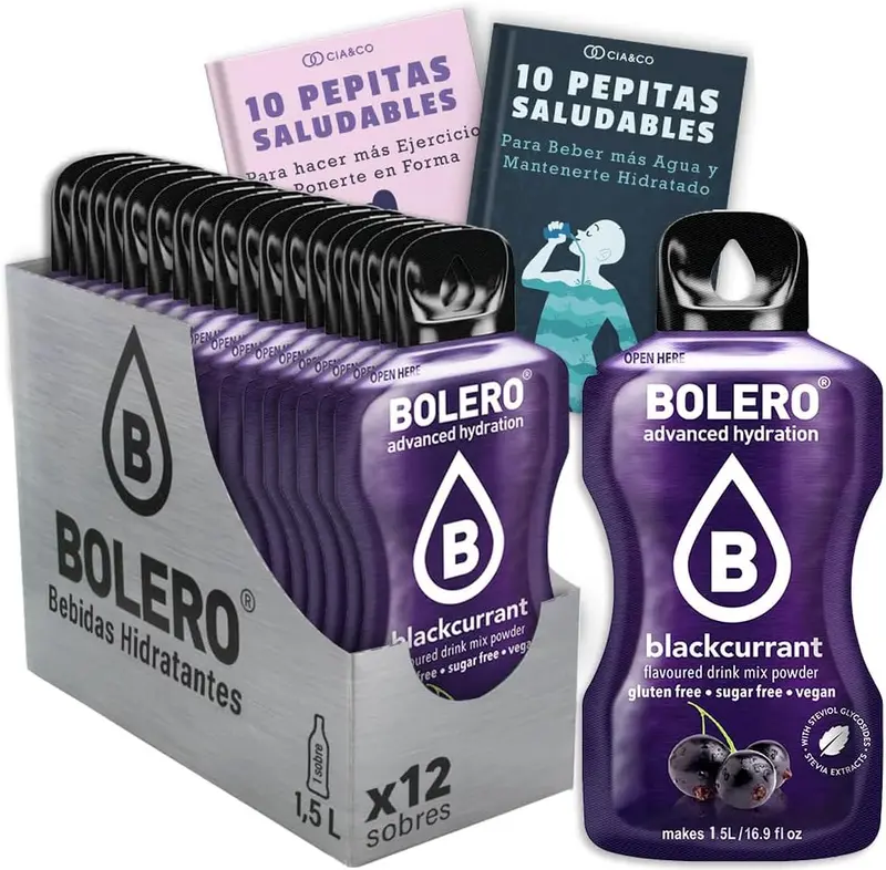 Bebida Bolero sabor Grosella Negra, Pack 12 sobres (12x9g). Bebida en polvo para una hidratación saludable y deliciosa sin azúcar, con Stevia y Vitamina C.
