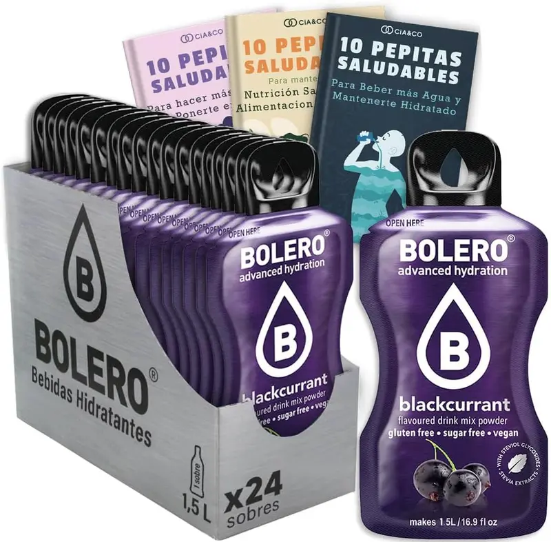 Bebida Bolero sabor Grosella Negra, Pack 24 sobres (24x9g). Bebida en polvo sin azúcar, rica en Vitamina C y con Stevia para una hidratación saludable y llena de sabor.