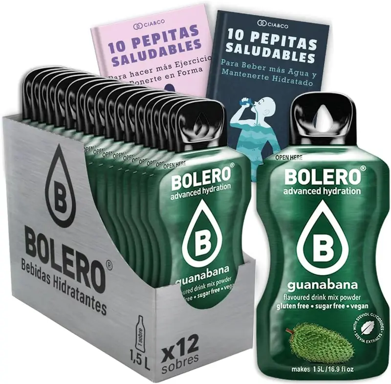 Bebida Bolero sabor Guanábana, Pack 12 sobres (12x9 grs). Hidratación sin azúcar con el sabor cremoso y tropical de la guanábana, con Stevia y Vitamina C.