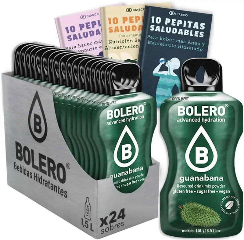 Bebida Bolero sabor Guanábana, Pack 24 sobres (24x9g). Bebida en polvo sin azúcar con el sabor tropical y cremoso de la guanábana, con Vitamina C y Stevia.