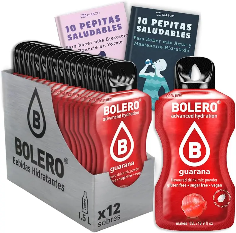 Bebida Bolero sabor Guaraná, Pack 12 sobres (12x9 grs). Hidratación sin azúcar con el sabor exótico y revitalizante del guaraná, con Stevia y Vitamina C.