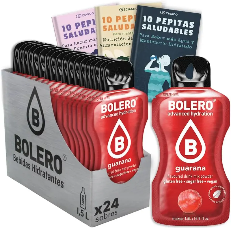Bebida Bolero sabor Guaraná, Pack 24 sobres (24x9g). Bebida en polvo sin azúcar con el sabor exótico del guaraná, enriquecida con Vitamina C y Stevia.