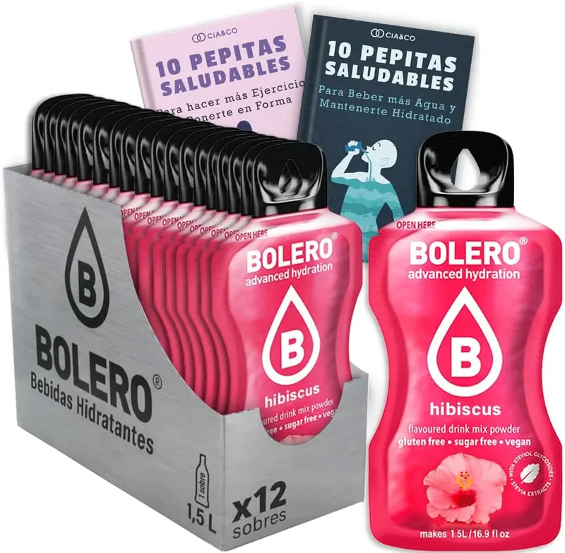 Bebida Bolero sabor Hibisco, Pack 12 sobres (12x9 grs). Bebida en polvo para una hidratación saludable con un sabor floral y refrescante, sin azúcar y con Vitamina C.