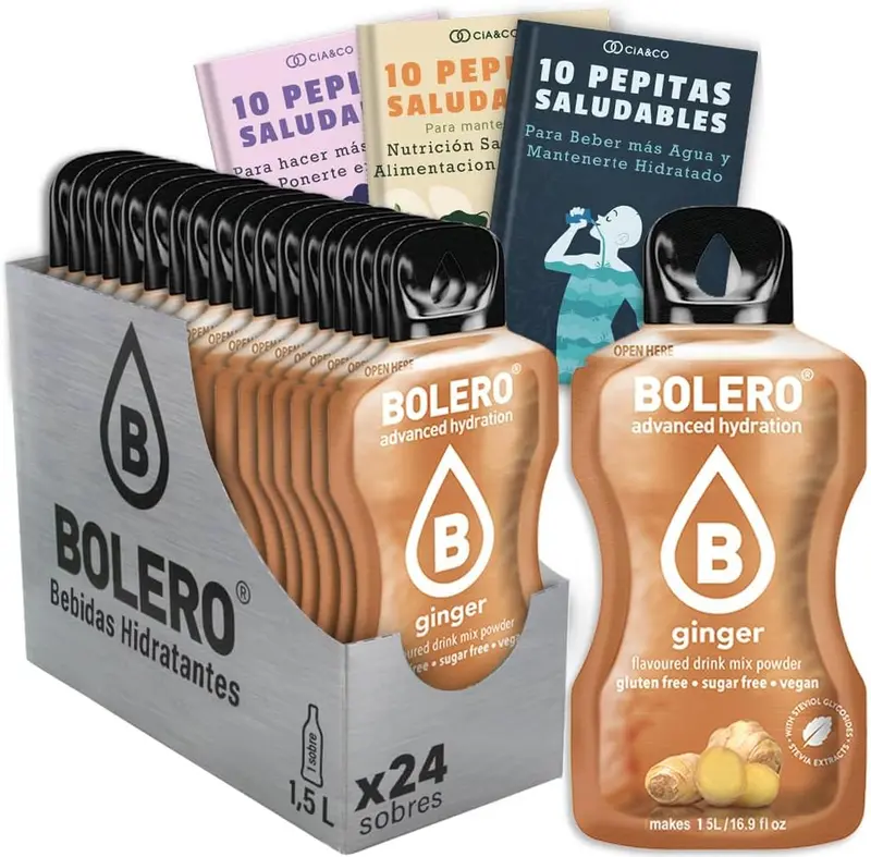 Bebida Bolero sabor Jengibre, Pack 24 sobres (24x9g). Bebida en polvo sin azúcar con el sabor picante y aromático del jengibre, rica en Vitamina C y Stevia.