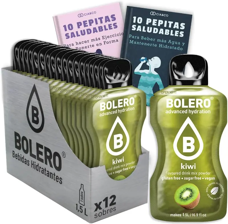 Bebida Bolero sabor Kiwi, Pack 12 sobres (12x9 grs). Hidratación sin azúcar con el sabor tropical del kiwi, enriquecida con Vitamina C y Stevia.
