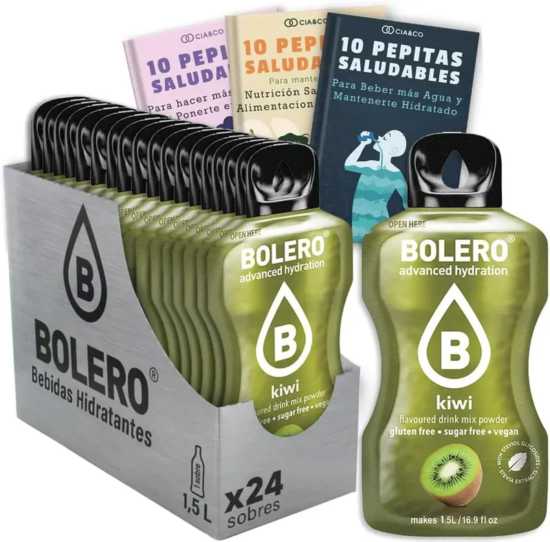 Bebida Bolero sabor Kiwi, Pack 24 sobres (24x9g). Bebida en polvo sin azúcar con el sabor tropical y refrescante del kiwi, rica en Vitamina C y Stevia.