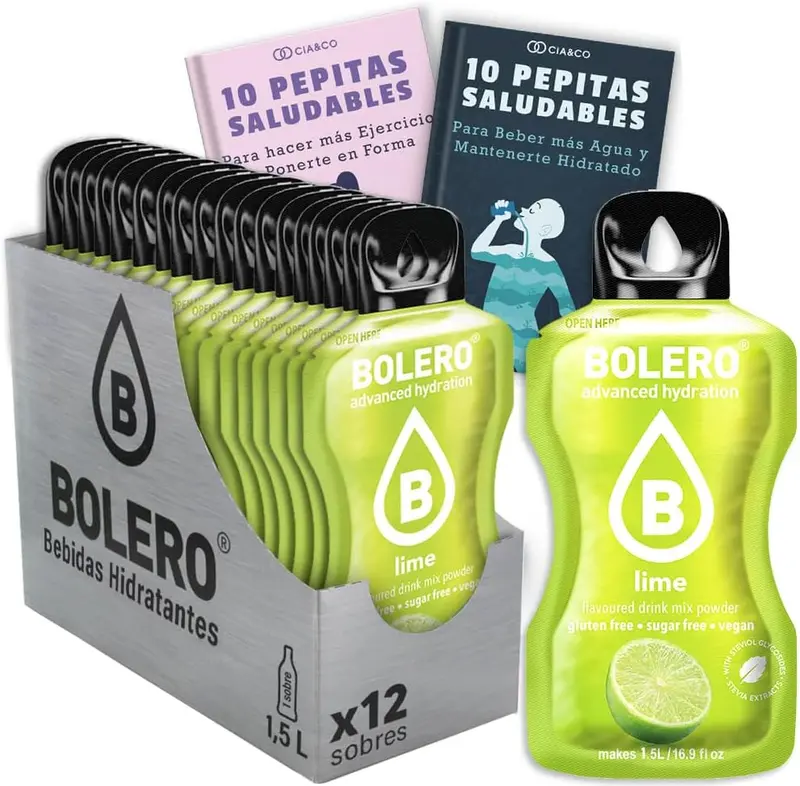 Bebida Bolero sabor Lima, Pack 12 sobres (12x9 grs). Bebida en polvo para una hidratación saludable con el sabor más refrescante, sin azúcar y con Vitamina C.