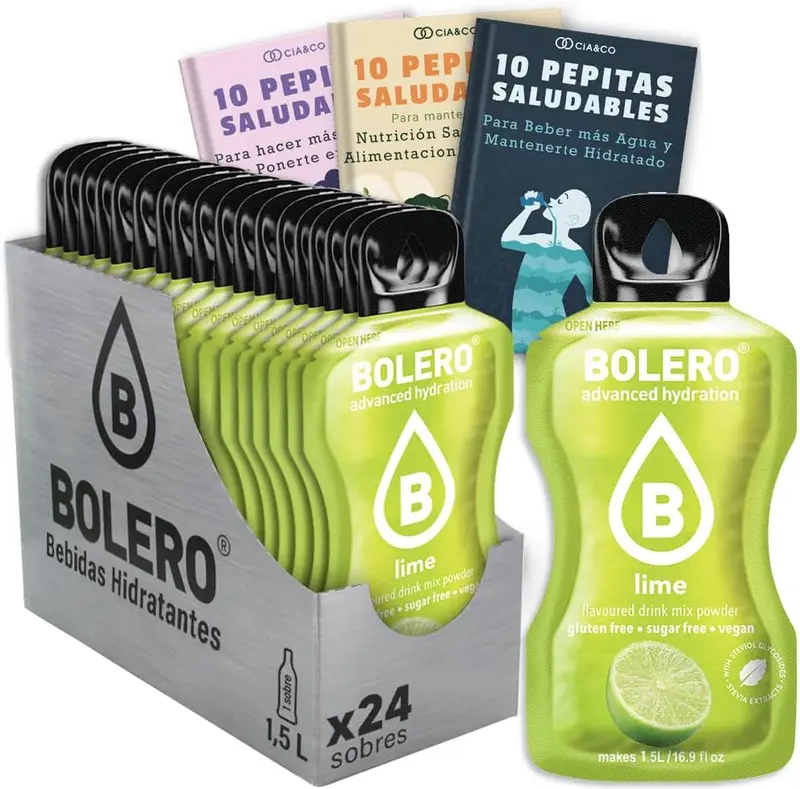 Bebida Bolero sabor Lima, Pack 24 sobres (24x9g). Bebida en polvo sin azúcar con el sabor cítrico y refrescante de la lima, rica en Vitamina C y Stevia.
