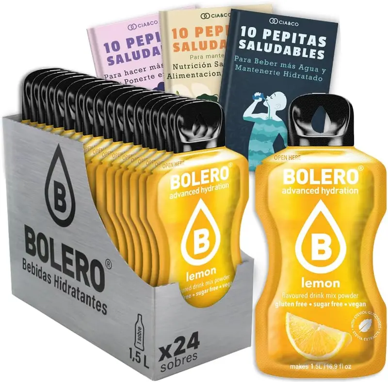 Bebida Bolero sabor Limón, Pack 24 sobres (24x9g). La bebida en polvo sin azúcar más refrescante, con el sabor cítrico del limón, Vitamina C y edulcorada con Stevia.