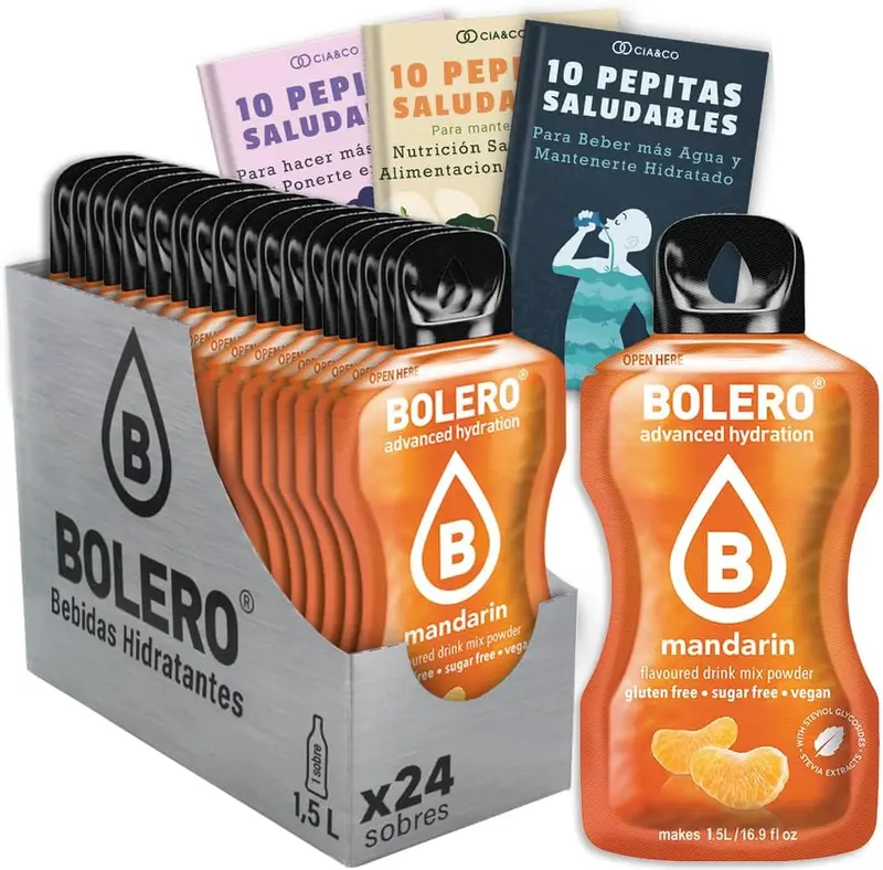 Bebida Bolero sabor Mandarina, Pack 24 sobres (24x9g). Bebida en polvo sin azúcar con un dulce sabor cítrico, enriquecida con Vitamina C y Stevia.