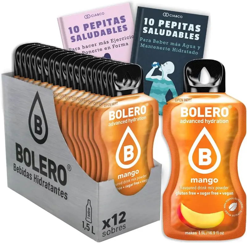 Bebida Bolero sabor Mango, Pack 12 sobres (12x9 grs). Bebida en polvo para una hidratación saludable con el dulce sabor del trópico, sin azúcar y con Vitamina C.