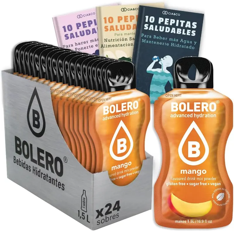 Bebida Bolero sabor Mango, Pack 24 sobres (24x9g). Bebida en polvo sin azúcar con el sabor dulce y tropical del mango, enriquecida con Vitamina C y Stevia.