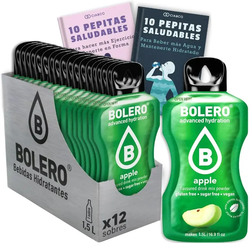 Bebida Bolero sabor Manzana, Pack 12 sobres (12x9g). La forma fácil y saludable de saborizar tu agua. Bebida instantánea sin azúcar con Stevia y Vitamina C.