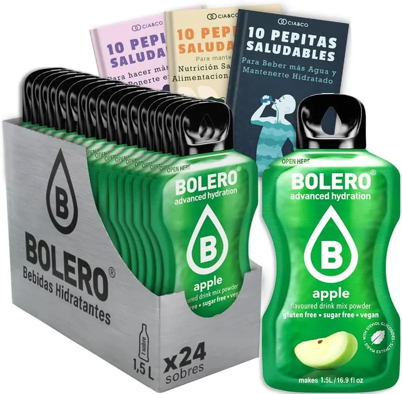 Bebida Bolero sabor Manzana, Pack 24 sobres (24x9g). Bebida instantánea sin azúcar para una hidratación deliciosa, enriquecida con Vitamina C y Stevia.