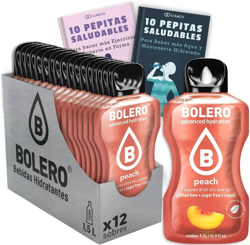 Bebida Bolero sabor Melocotón, Pack 12 sobres (12x9 grs). Bebida en polvo para una hidratación saludable y deliciosa sin azúcar, con Stevia y Vitamina C.