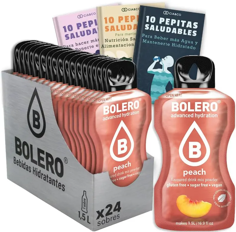 Bebida Bolero sabor Melocotón, Pack 24 sobres (24x9g). Bebida en polvo sin azúcar con el sabor dulce y aterciopelado del melocotón, rica en Vitamina C y Stevia.