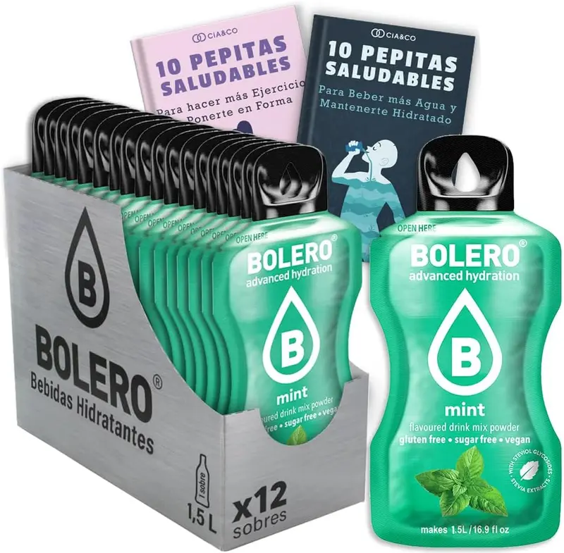 Bebida Bolero sabor Menta, Pack 12 sobres (12x9 grs). Bebida en polvo para una hidratación saludable con el frescor más puro, sin azúcar y con Vitamina C.