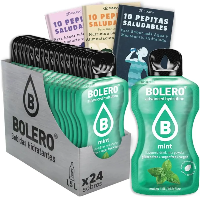 Bebida Bolero sabor Menta, Pack 24 sobres (24x9g). Bebida en polvo sin azúcar con el frescor puro de la menta, enriquecida con Vitamina C y Stevia.