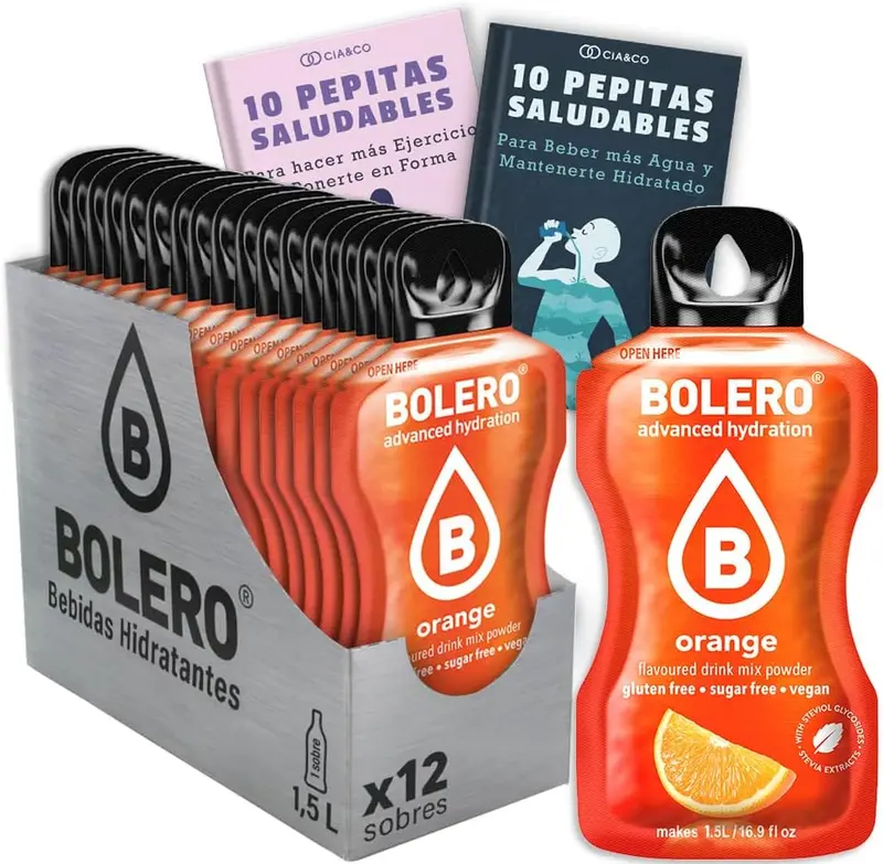 Bebida Bolero sabor Naranja, Pack 12 sobres (12x9 grs). Bebida en polvo para una hidratación saludable con el sabor de siempre, sin azúcar y con Vitamina C.