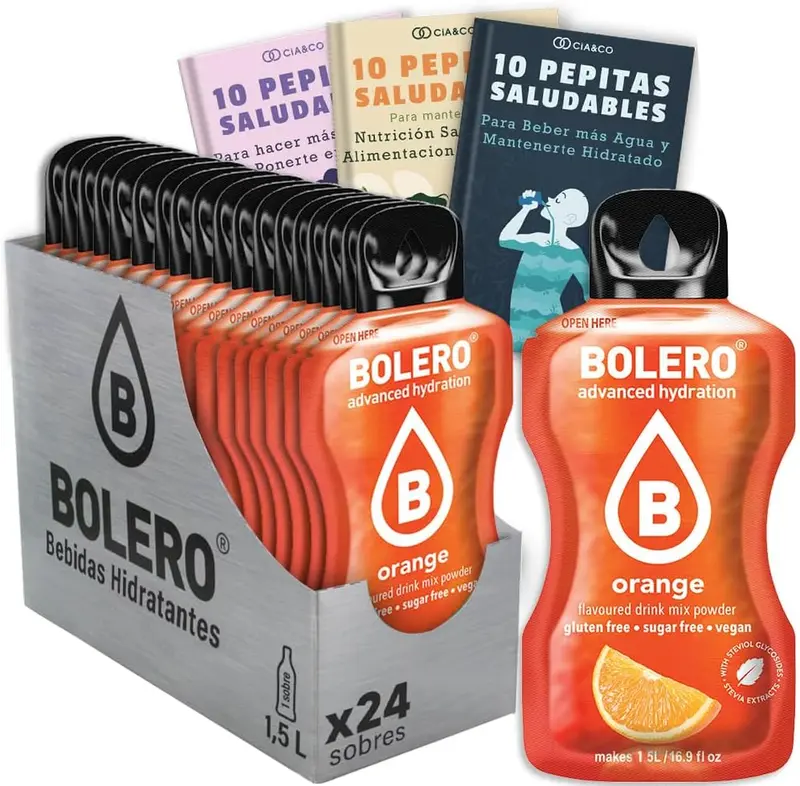 Bebida Bolero sabor Naranja, Pack 24 sobres (24x9g). Bebida en polvo sin azúcar con el sabor cítrico de siempre, enriquecida con Vitamina C y Stevia.