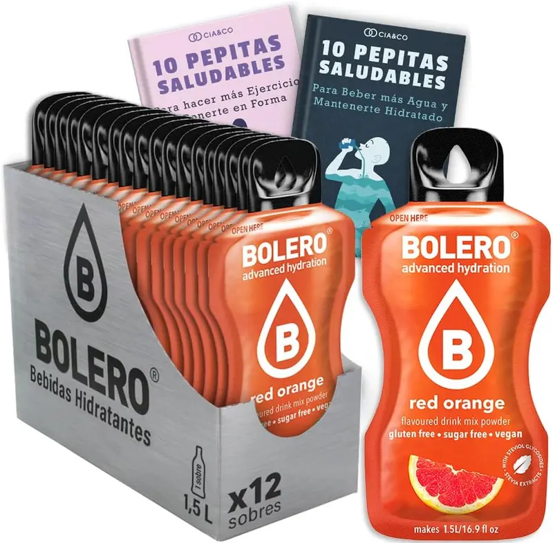 Bebida Bolero sabor Naranja Roja, Pack 12 sobres (12x9g). Hidratación saludable sin azúcar, con el sabor intenso de la naranja sanguina, Stevia y Vitamina C.