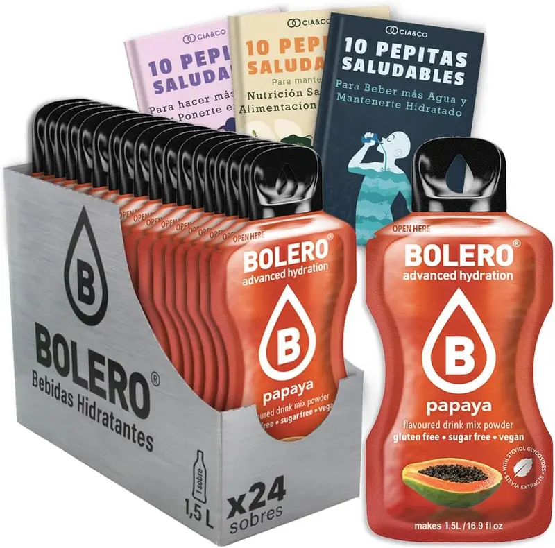 Bebida Bolero sabor Papaya, Pack 24 sobres (24x9g). Bebida en polvo sin azúcar con el sabor dulce y tropical de la papaya, enriquecida con Vitamina C y Stevia.