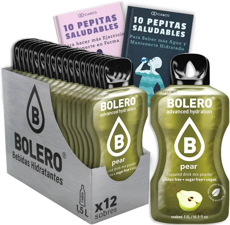 Bebida Bolero sabor Pera, Pack 12 sobres (12x9 grs). Bebida en polvo para una hidratación saludable y deliciosa sin azúcar, con Stevia y Vitamina C.