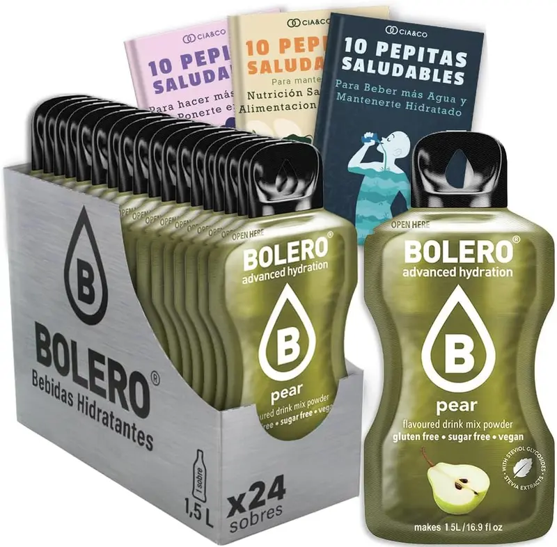 Bebida Bolero sabor Pera, Pack 24 sobres (24x9g). Bebida en polvo sin azúcar con el sabor dulce y jugoso de la pera, enriquecida con Vitamina C y Stevia.