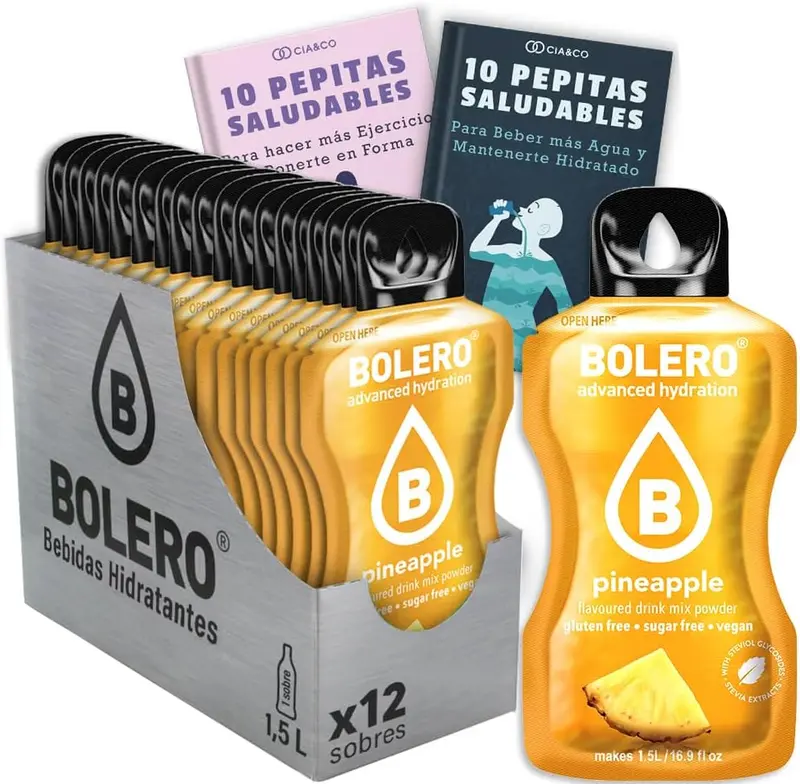 Bebida Bolero sabor Piña, Pack 12 sobres (12x9 grs). Bebida en polvo para una hidratación saludable con el sabor más tropical, sin azúcar y con Vitamina C.
