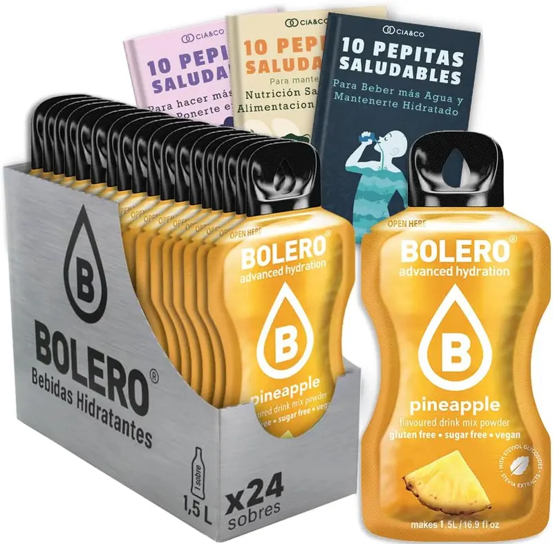Bebida Bolero sabor Piña, Pack 24 sobres (24x9g). Bebida en polvo sin azúcar con un refrescante sabor tropical, enriquecida con Vitamina C y Stevia.