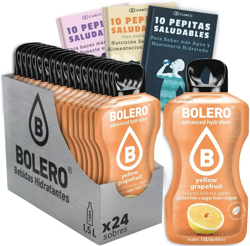 Bebida Bolero sabor Pomelo Amarillo, Pack 24 sobres (24x9g). Bebida en polvo sin azúcar con el sabor cítrico y amargo del pomelo, rica en Vitamina C y Stevia.